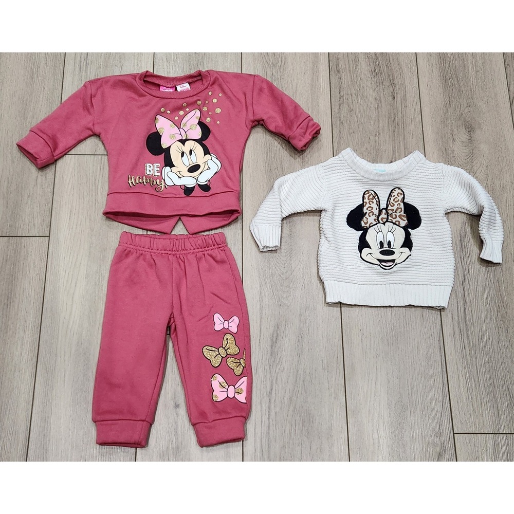 Disney Minnie Mouse Baby Girls Pink Outfit Set & White Cable Knit Sweater 12M